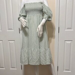 Smocked Off-Shoulder Gingham Midi Dress in Sage Green